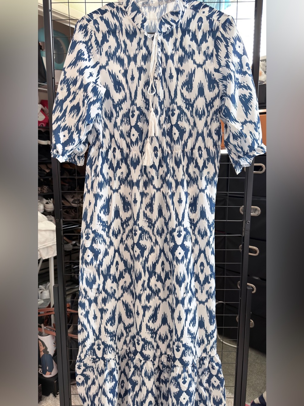 Blue and White Printed Midi Dress - Picture 1 of 8